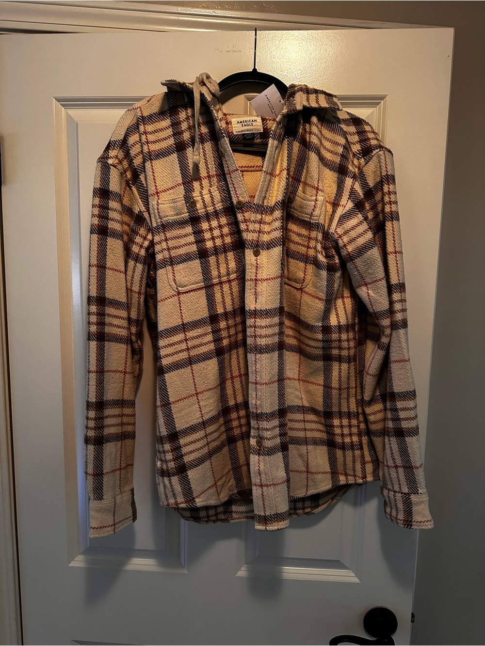 American Eagle Cream and Brown Plaid Button-Up Hooded Jacket